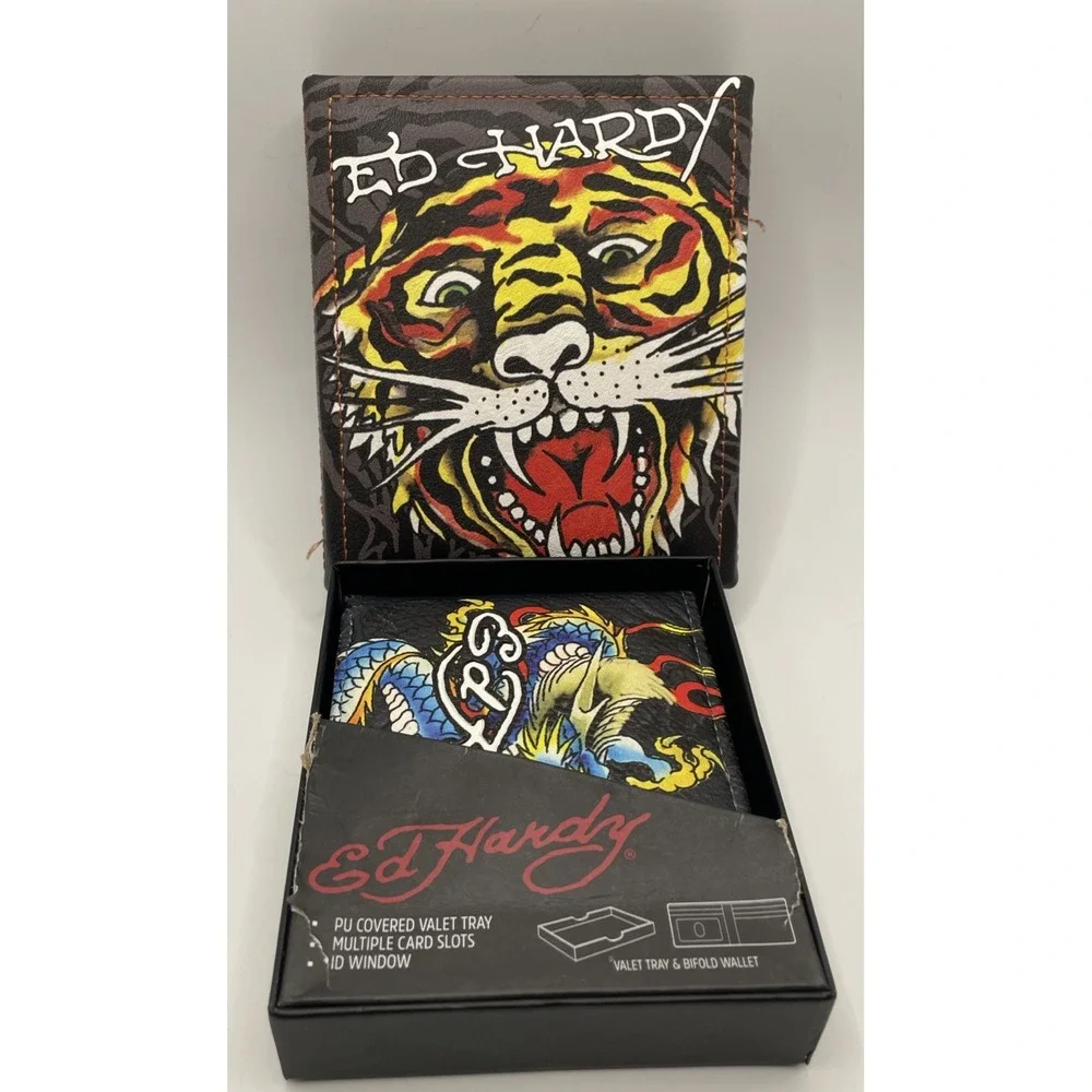 Ed Hardy Men's Black Wallet Dragon Tattoo Bifold with Valet Tray ~ New